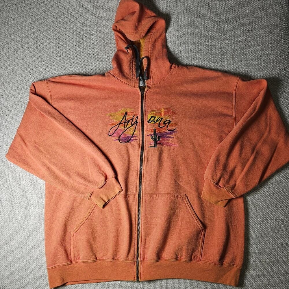 Arizona Zip Up Hoodie Sweatshirt Sweater Peach Embroidered Sunset Cactus 2X - Picture 4 of 10